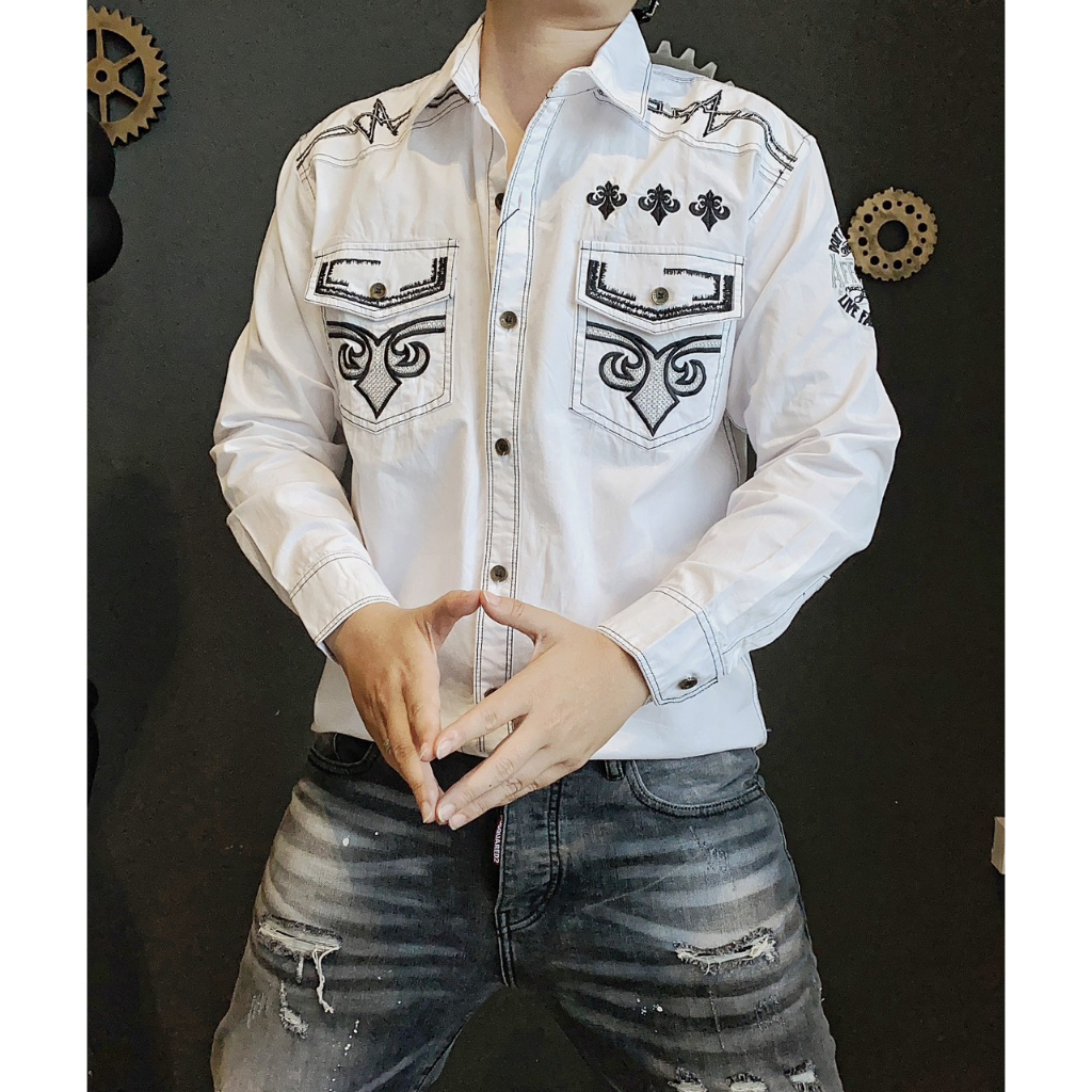 Áo sơ mi tay dài Đen - Trắng thêu túi tay và mặt sau thêu AFFLICTION S2880 S2881 K3 STORE