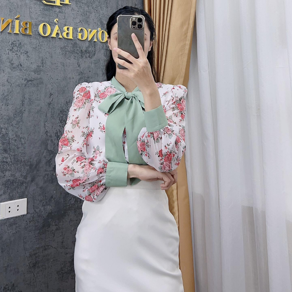 Hoạ tiết hoa buộc nơ phối cổ, tay, dáng cơ bản siêu mát - BA23.027