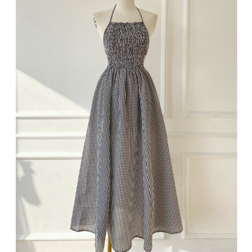 Đầm maxi caro cột dây hở lưng dáng ôm tùng xòe
