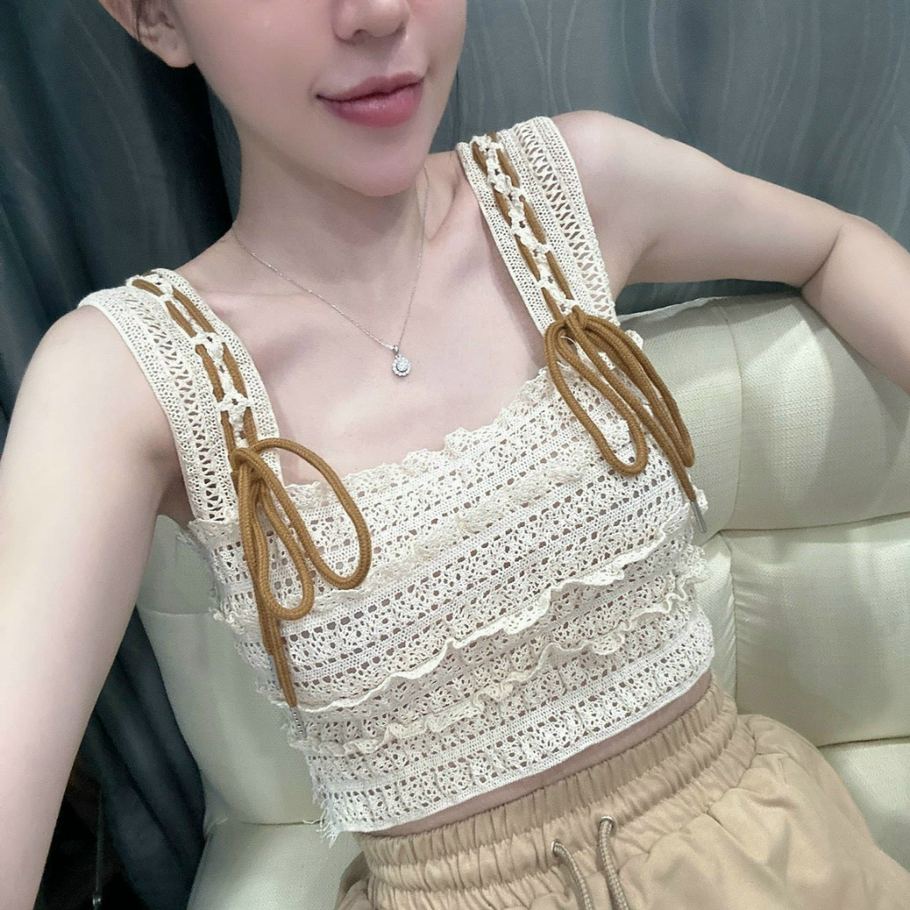 Áo Ren 2 Hai Dây Bản To Croptop Phối Nơ  Tiểu Thư - BT Fashion  AT01