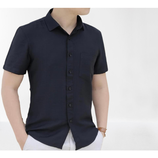 Áo sơ mi nam cộc tay vải đũi cổ bẻ full cúc