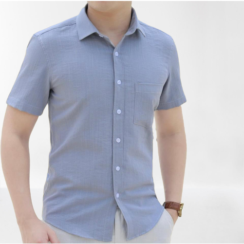 Áo sơ mi nam cộc tay vải đũi cổ bẻ full cúc
