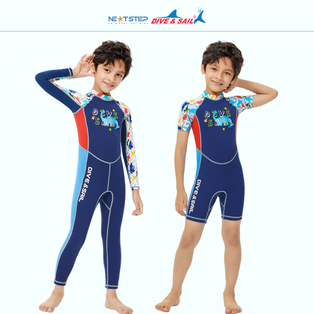 Đồ bơi bé trai, giữ nhiệt, liền thân tay dài quần dài chống nắng, chất liệu Cao su neoprene dày 2mm size từ 14kg - 36kg