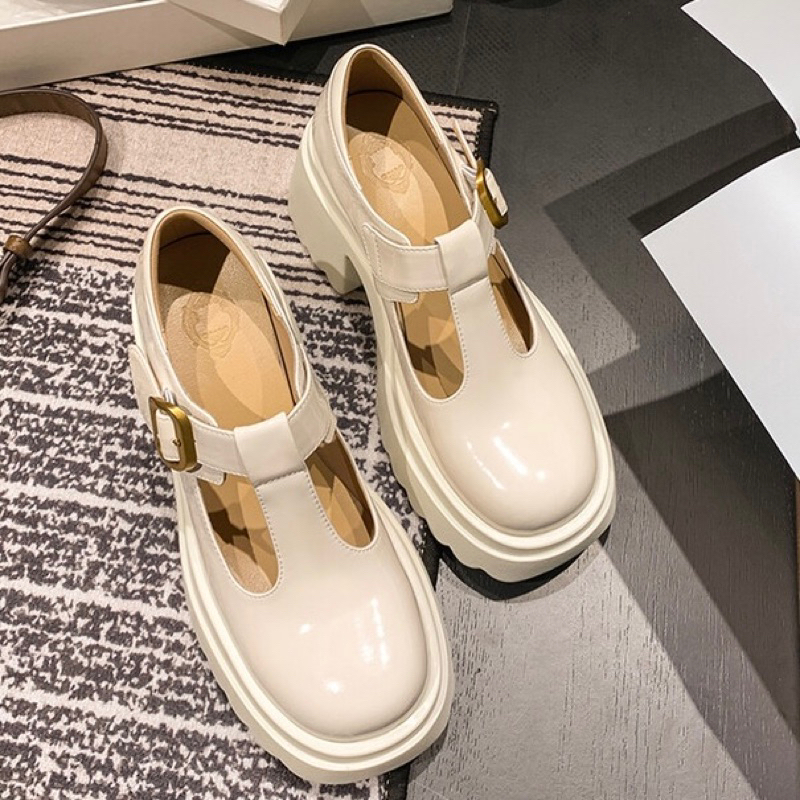 ORDER 🍂 Giày mũi tròn da bò trơn khoen vuông vàng đồng đế chunky cao su 8,5cm 34-39