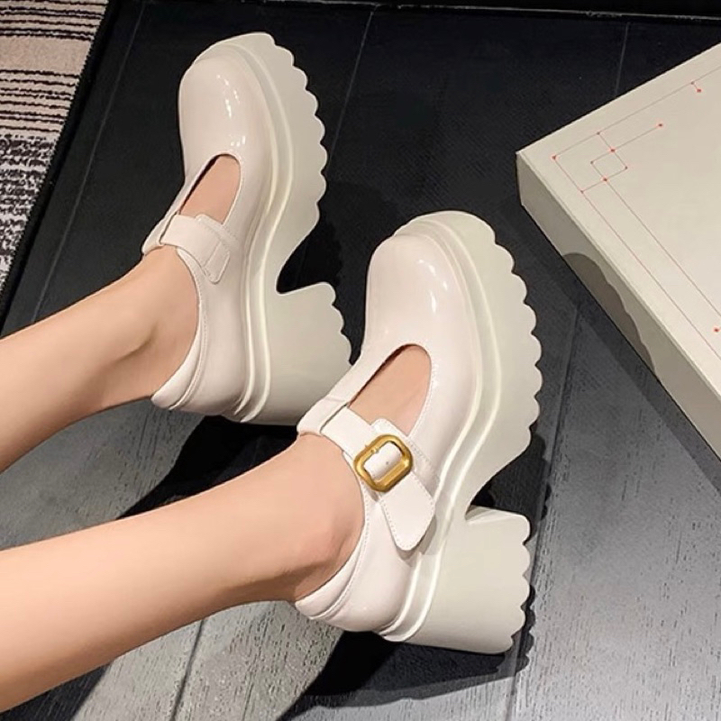 ORDER 🍂 Giày mũi tròn da bò trơn khoen vuông vàng đồng đế chunky cao su 8,5cm 34-39