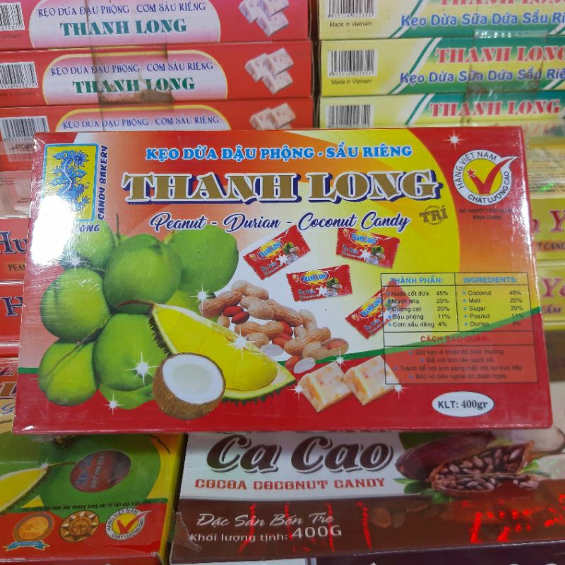 Kẹo dừa đậu phộng sầu riêng Thanh Long hộp 400g ( gói máy)