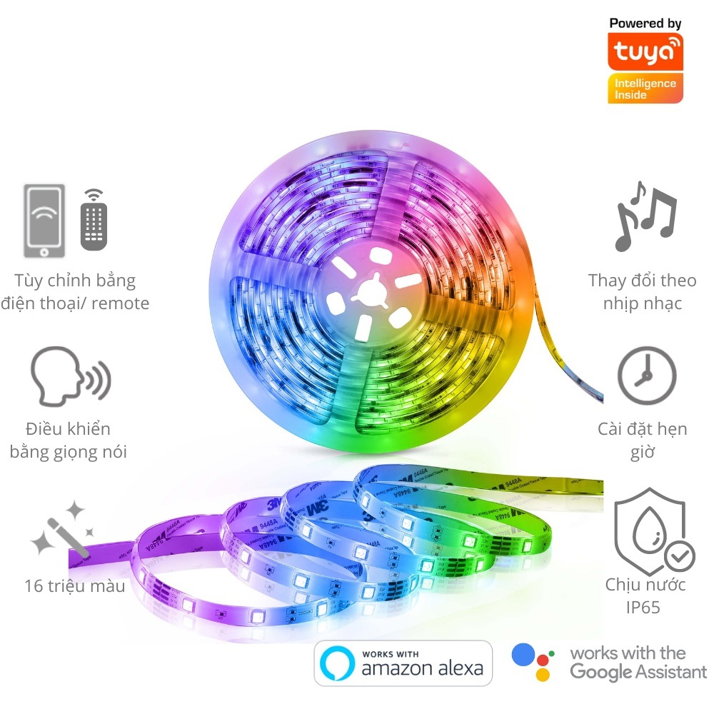 Đèn LED dây Tuya Wifi Bluetooth, Đèn LED RGB 16 triệu màu thông minh nháy theo nhạc, điều khiển bằng