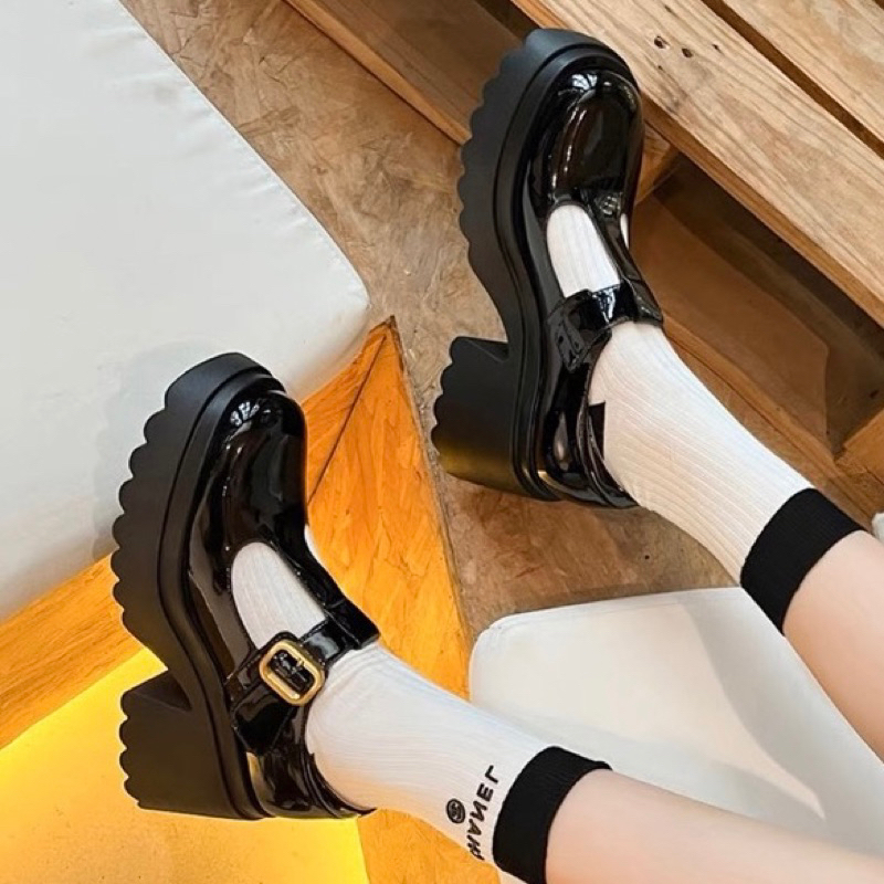 ORDER 🍂 Giày mũi tròn da bò trơn khoen vuông vàng đồng đế chunky cao su 8,5cm 34-39