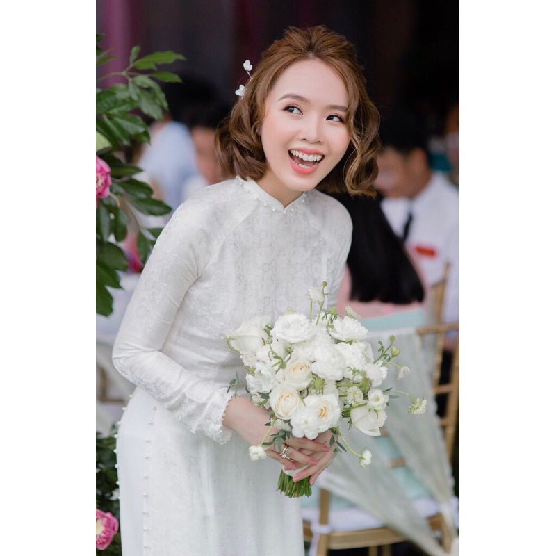 ÁO DÀI LỤA GẤM ĐÍNH NGỌC TRAI