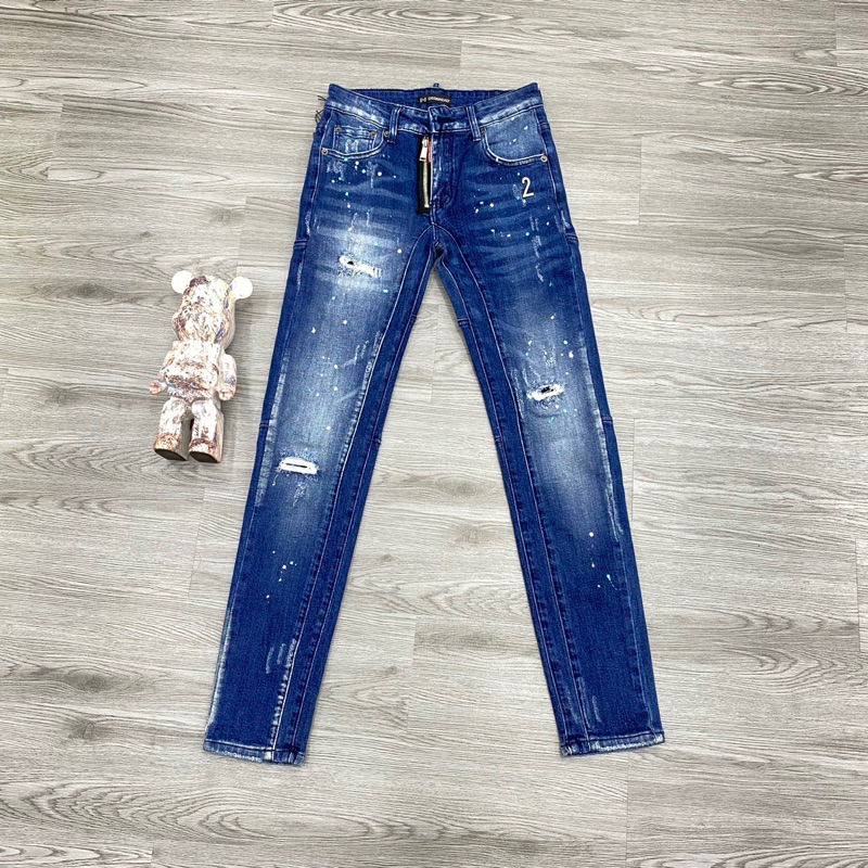 Quần jean nam dsq2 xanh khoá lệch dáng biker ,quần bò nam dsq2 chấm sơn phối khóa thời trang cao cấp