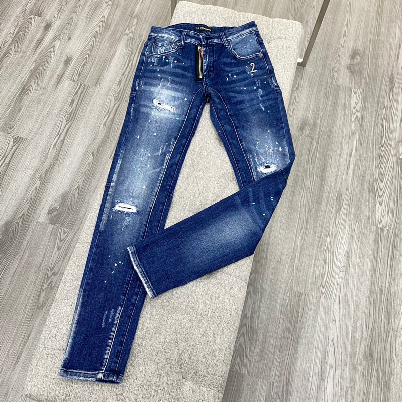 Quần jean nam dsq2 xanh khoá lệch dáng biker ,quần bò nam dsq2 chấm sơn phối khóa thời trang cao cấp
