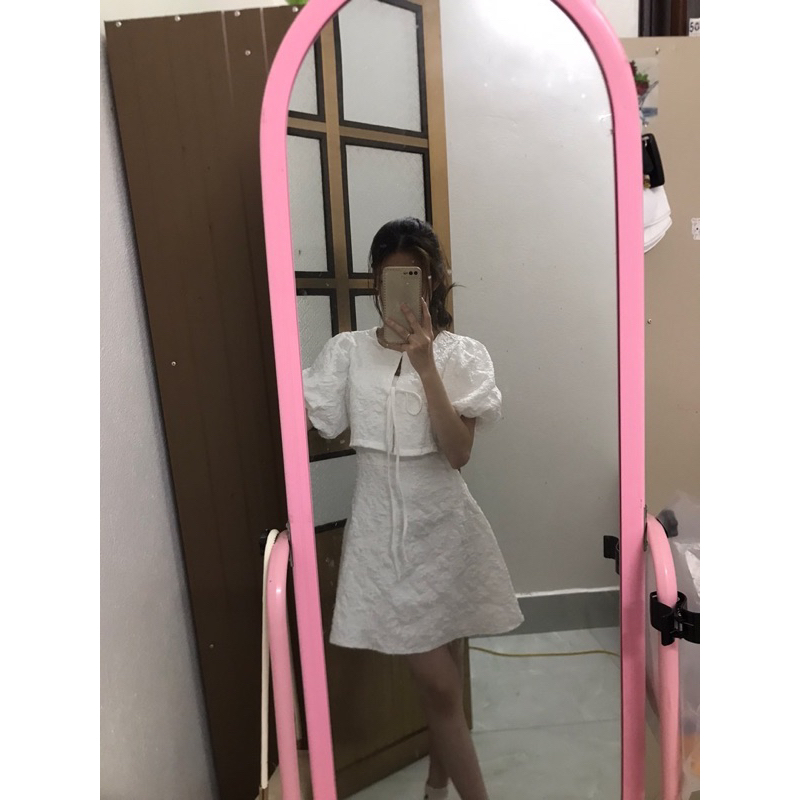 Stevia.studio - Set váy gấm trắng 2 món - 3 size Xs, S, M