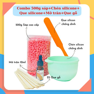 Combo 500g Sáp wax lông+Chén silicon+Que silicon+Mỡ trăn+Que gỗ - Sáp wax thơm, wax sạch lông, an toàn cho da