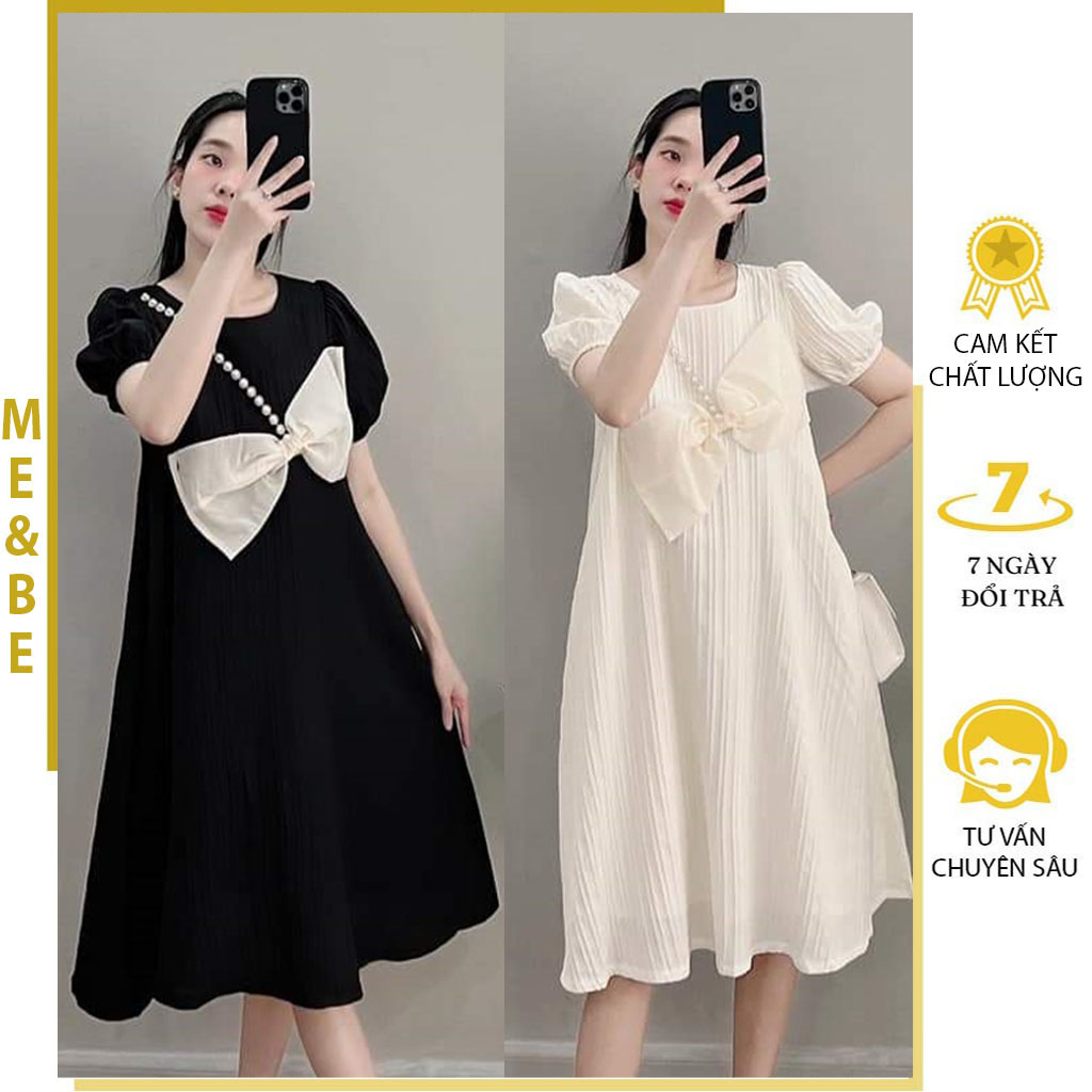 ĐẦM VÁY BẦU MÙA HÈ PHỐI NƠ ĐIỆU ĐÀ - VÁY BẦU TIỂU THƯ SANG CHẢNH - ĐẦM CÔNG SỞ DÁNG BABYDOLL CỰC XINH FREESIZE