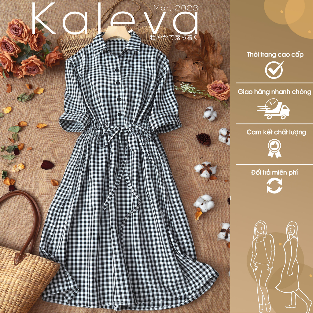 Đầm sơ mi thô cotton caro rút eo KALEVA thời trang nữ cao cấp. Đầm kiểu nữ thiết kế đẹp, chất liệu vải cotton cao cấp