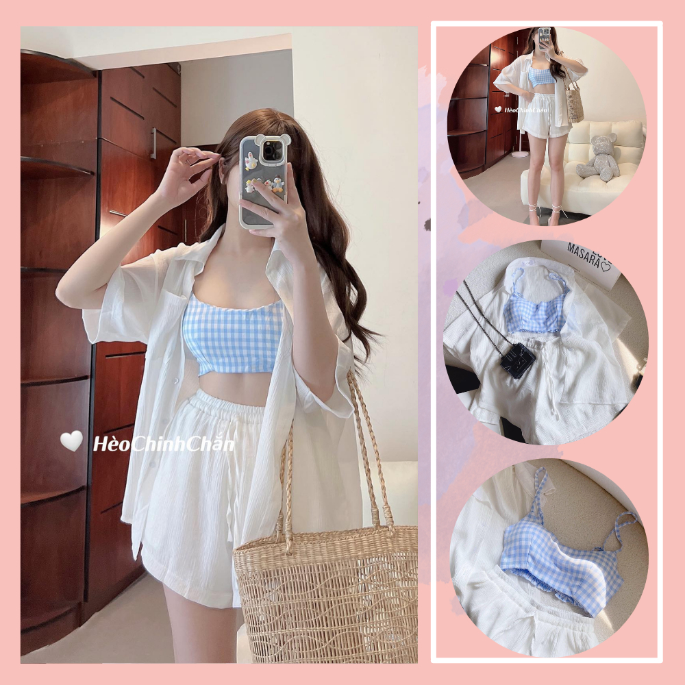 (Ảnh Thật) Set Voan 3 Món Áo Bra Caro Kèm Sơ Mi Quần Short Hèo Chinh Chắn