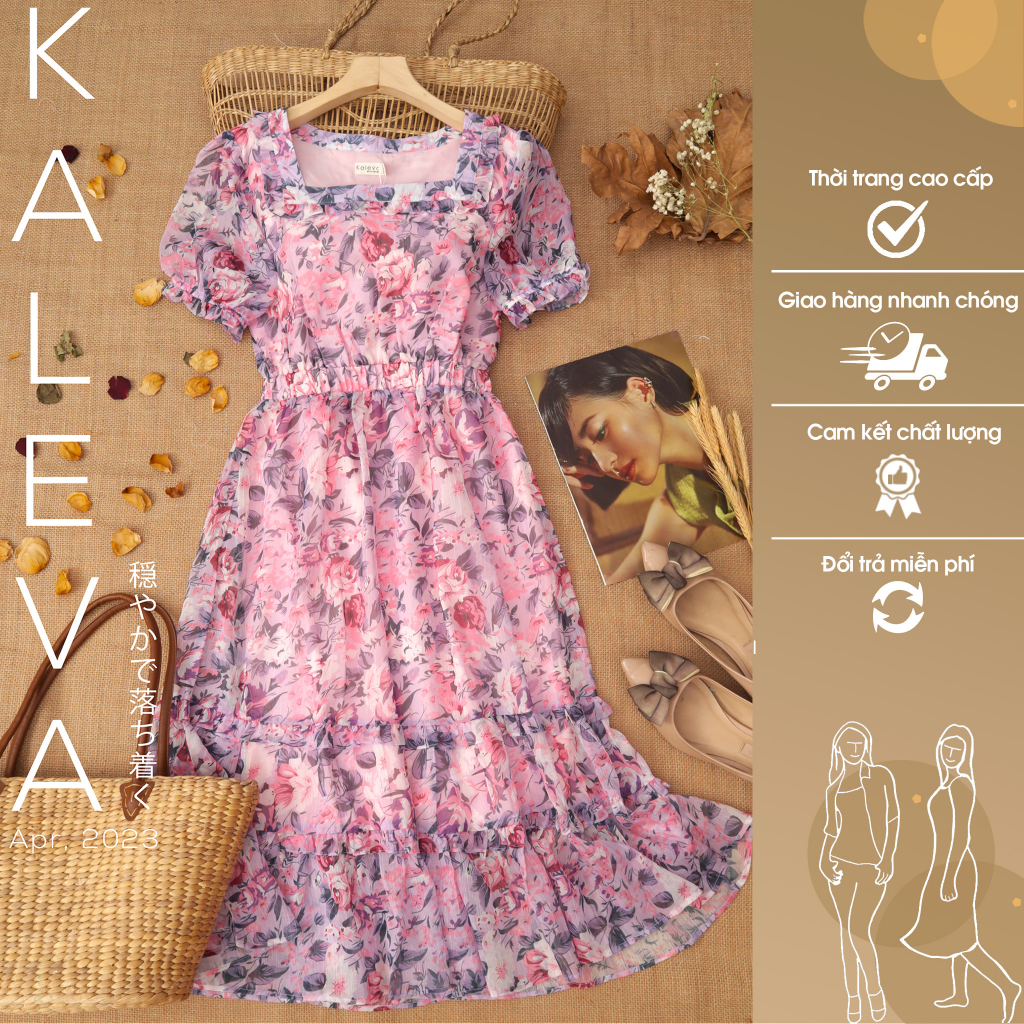 Đầm tơ voan hoa tím cổ vuông KALEVA thời trang nữ cao cấp. Đầm kiểu nữ thiết kế đẹp, chất liệu tơ voan cao cấp