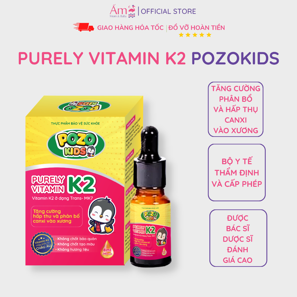 Vitamin K2 Tinh Khiết Pozokids PP bởi Ấm Baby Hấp Thu Và Phân Bổ Canxi Vào Xương Cho Bé Cao Lớn 8ml Ấm Gift Decor