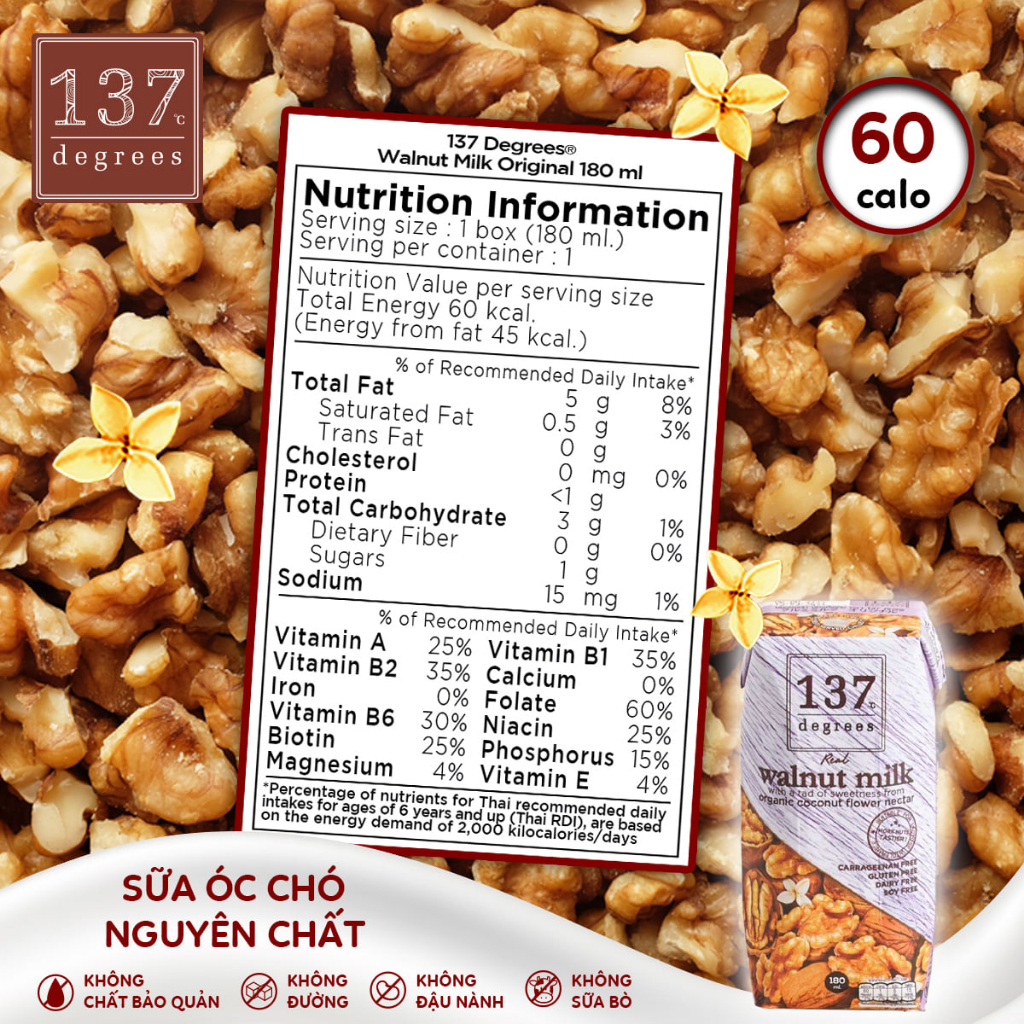 Thùng Sữa Hạt Nguyên Chất 137 Degrees Thái Lan 180ml x 36 Hộp