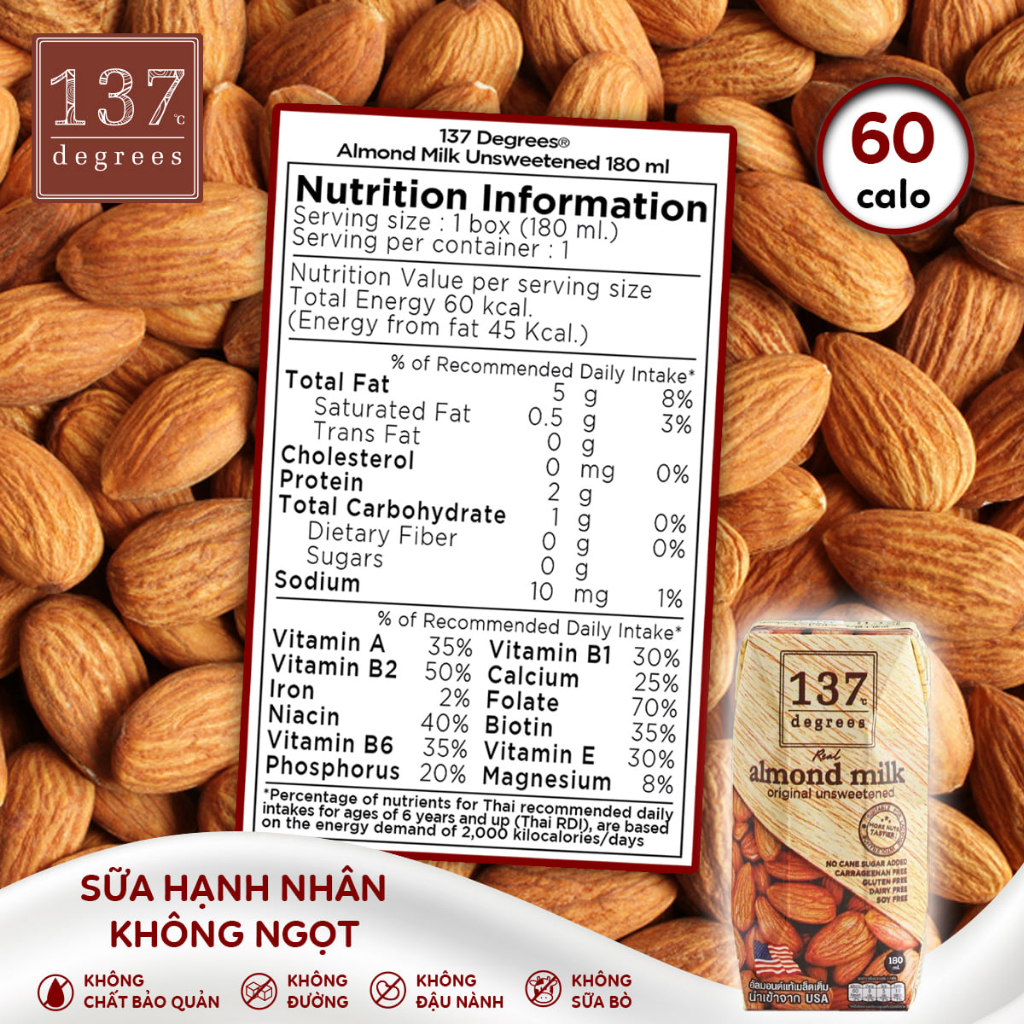 Thùng Sữa Hạt Nguyên Chất 137 Degrees Thái Lan 180ml x 36 Hộp