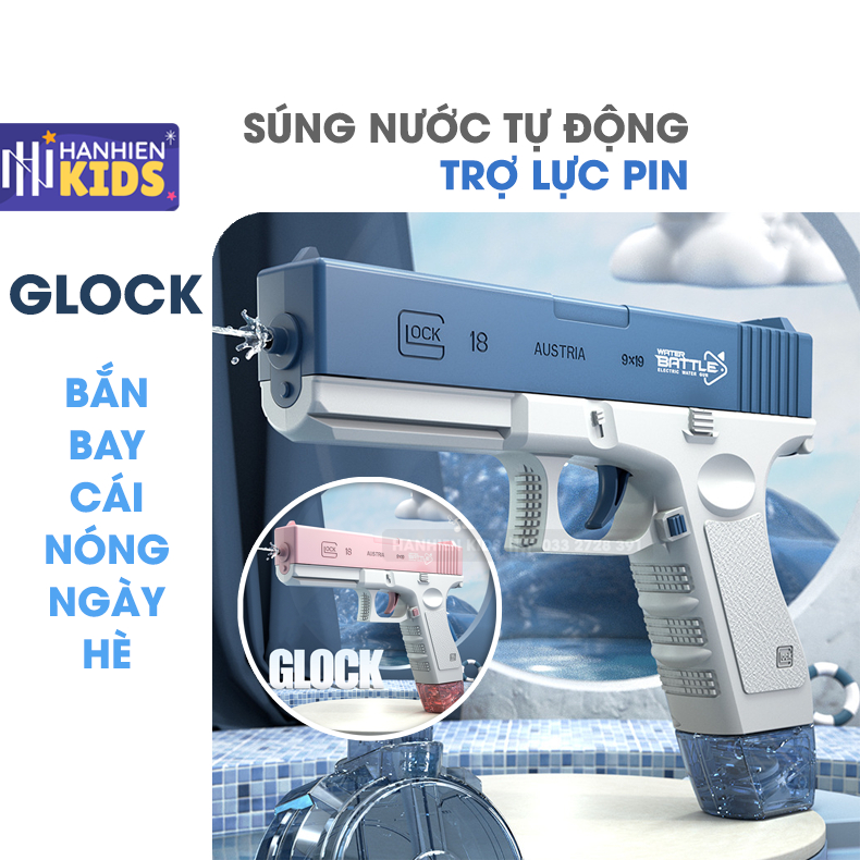 Đồ chơi sung phun nước điện tử tự động GLOCK trợ lực dùng pin 2023 cho trẻ
