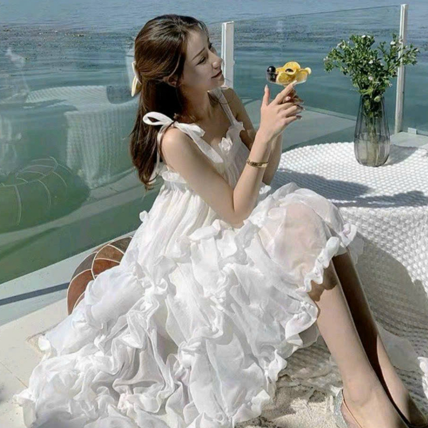 đầm váy nữ hai dây maxi dáng xòe tầng viền bèo thời trang nữ stclothin