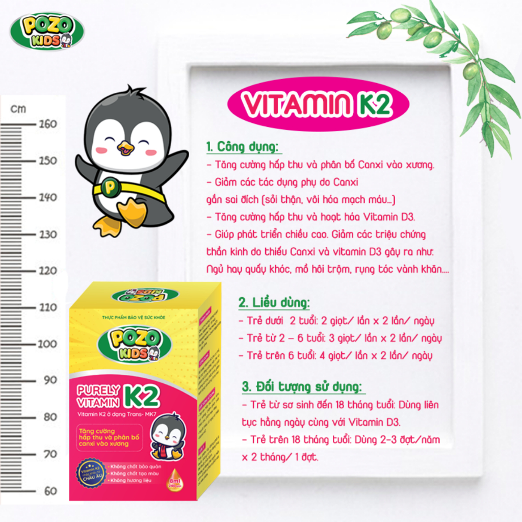 Vitamin K2 Tinh Khiết Pozokids PP bởi Ấm Baby Hấp Thu Và Phân Bổ Canxi Vào Xương Cho Bé Cao Lớn 8ml Ấm Gift Decor