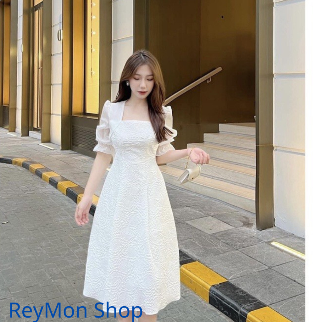 Váy Trắng Dự Tiệc , Đầm Nữ Cao Cấp Chất Liệu Gấm Hoa Phối Tay Phong Cách Trẻ Trung.