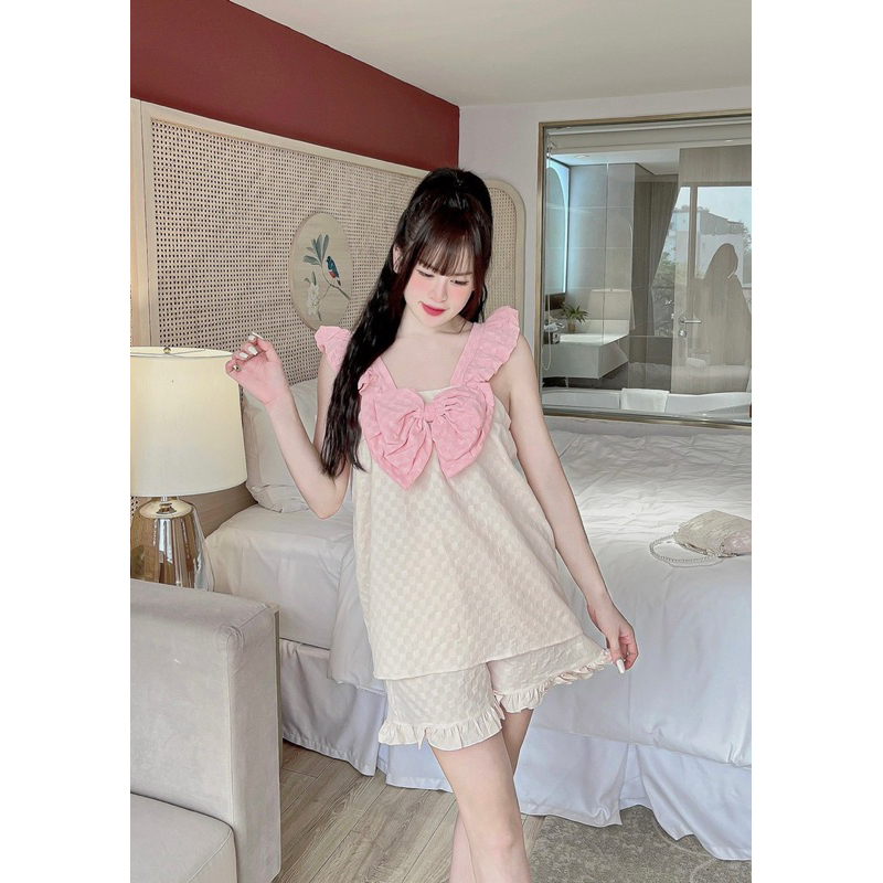 Set Bộ Mặc Nhà Đính Nơ To Chất Đũi Ô Vuông Dễ Thương Mã DD030