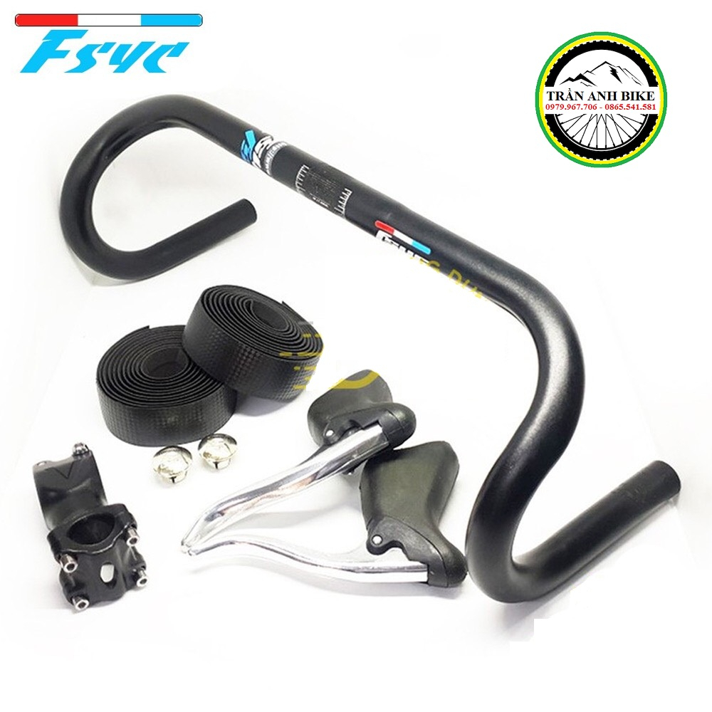 Combo ghi đông xe đạp FSYC, pô tăng, tay phanh, dây quấn vân Carbon