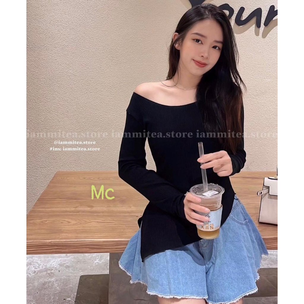 Áo thun cổ thuyền lệch vai tay dài tà chéo chất thun gân tăm hot hit