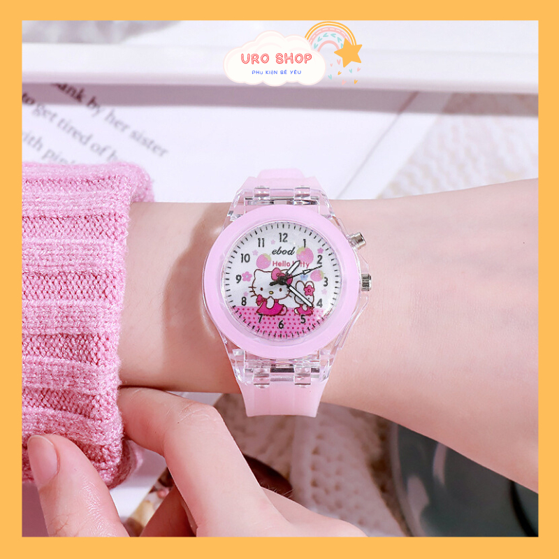 Đồng hồ cho bé gái trẻ em từ 4 tuổi đến 15 tuổi hình Hello Kitty có đèn chớp giá rẻ học sinh dây Silicon mềm