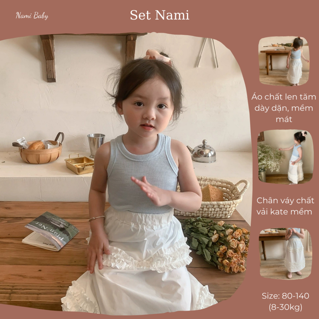 (HÀNG CÓ SẴN) Áo ba lỗ bé gái và chân váy trắng Nami Baby set xinh cho bé gái phong cách nhẹ nhàng