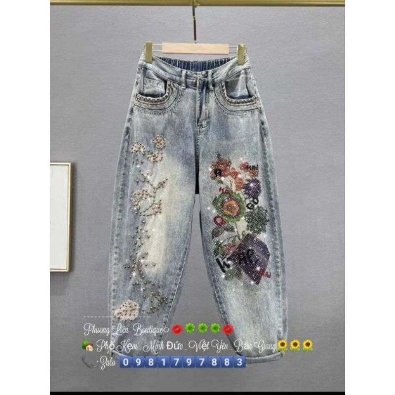 quần jeans thổ họa tiết đá quảng châu cao cấp