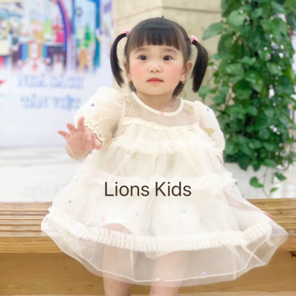 Váy công chúa đầm bé gái bồng trắng có điểm nhấn hình trái tim có lớp lót bên trong đi chơi sinh nhật sang chảnh- v11