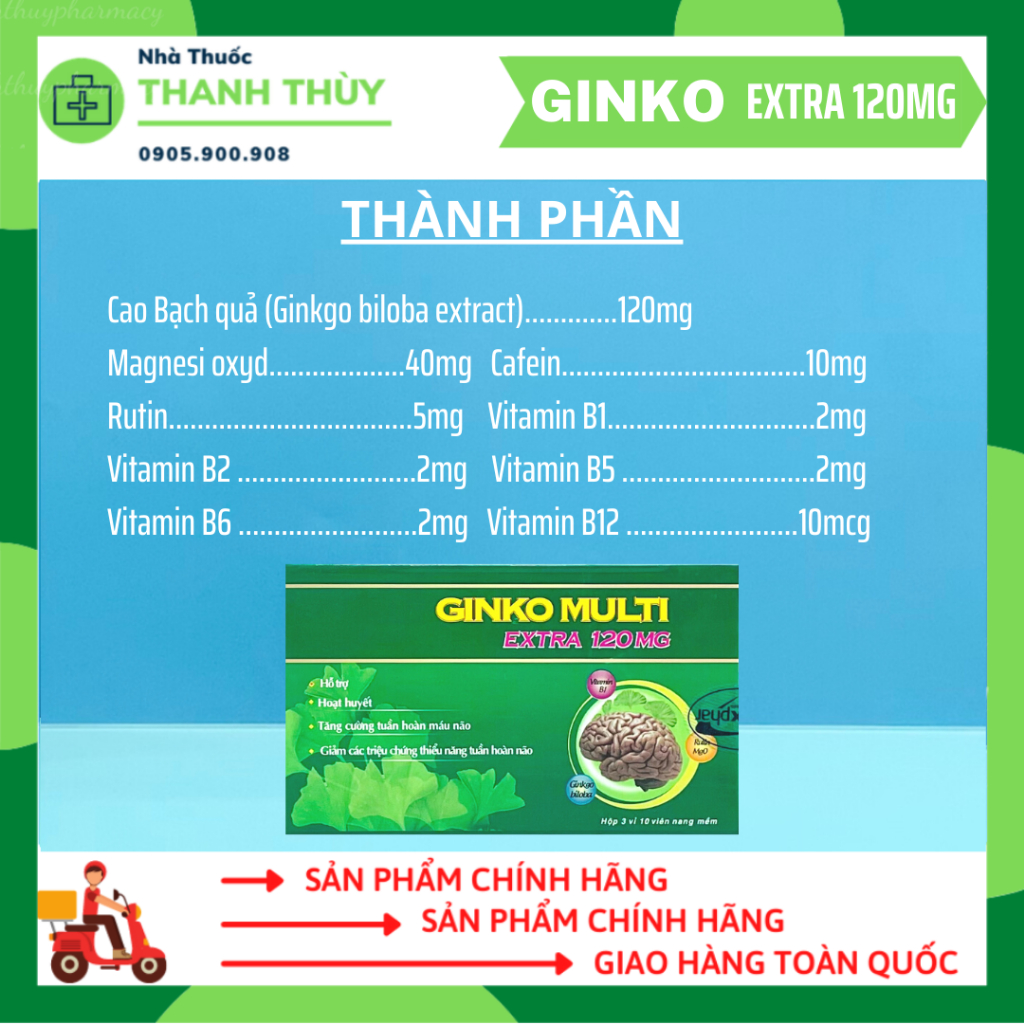 Hoạt Huyết Dưỡng Não Ginko Multi Extra 120mg  Hỗ trợ hoạt huyết, tăng cường tuần hoàn máu não