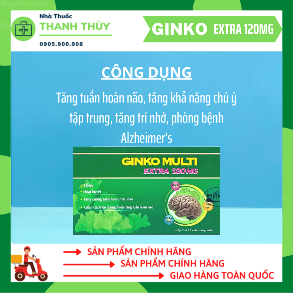 Hoạt Huyết Dưỡng Não Ginko Multi Extra 120mg  Hỗ trợ hoạt huyết, tăng cường tuần hoàn máu não