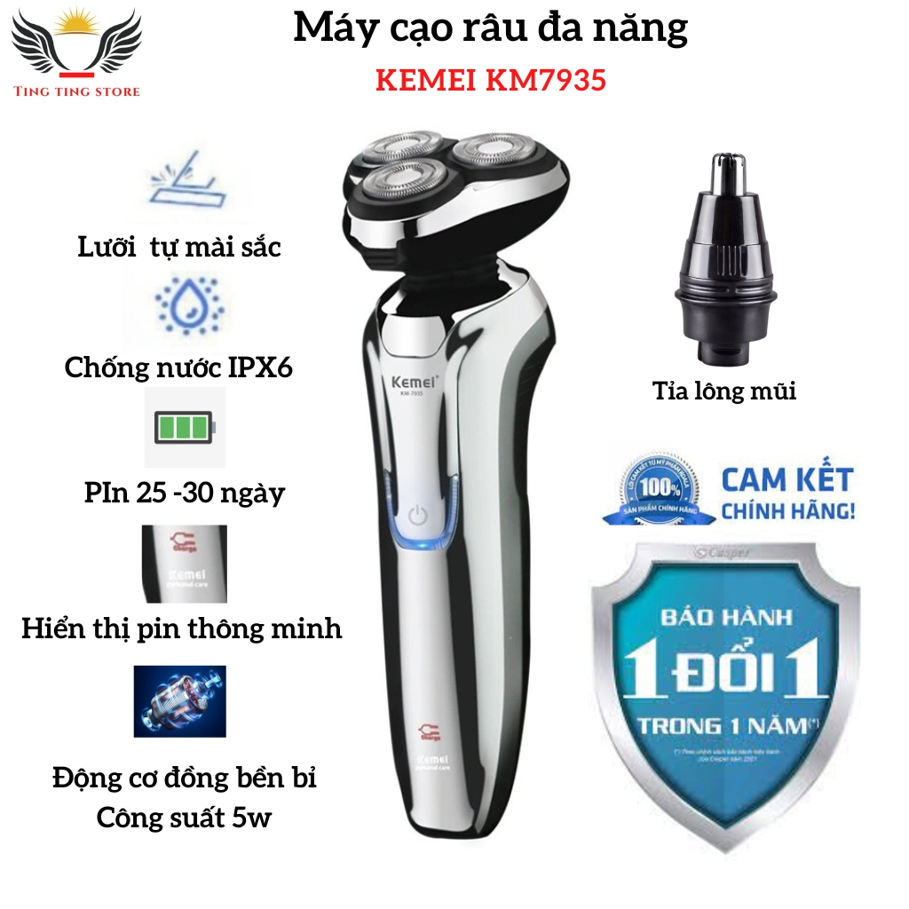 Máy cạo râu đa năng Kemei KM-7935, dao cạo râu điện cao cấp 3 lưỡi tròn tự mài sắc, chống nước. BH 12 tháng