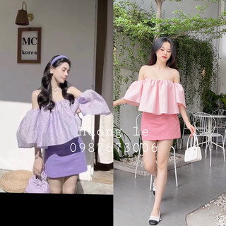 Set áo tím bẹt vai + chân váy kaki tím