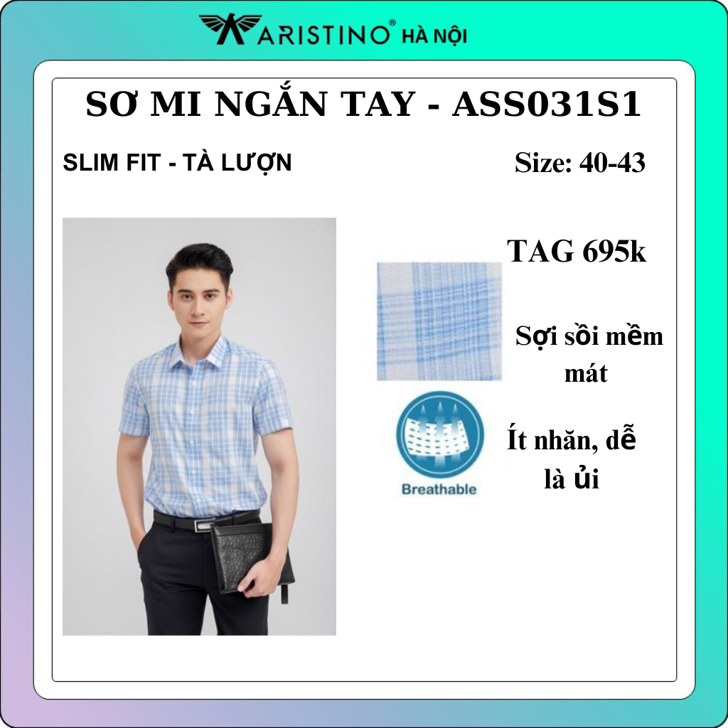 Áo sơ mi ngắn tay nam Aristino sợi sồi co giãn tà lượn  ASS031S1