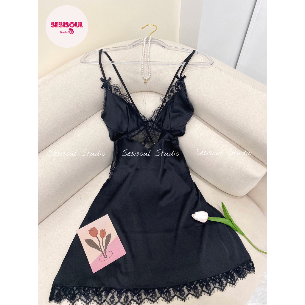 S5 Váy ngủ lụa 2 dây cao cấp sexy quyến rũ siêu mịn siêu mát dây đan chéo thắt nơ có mút ngực Sesisoul