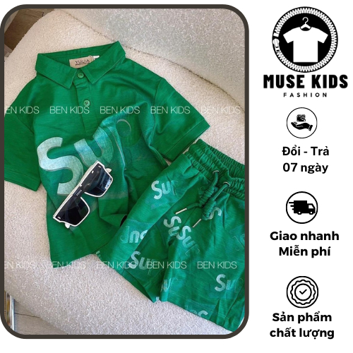 Bộ quần áo polo cộc tay chất liệu cotton 4c thiết kế hinh in cực chất cho bé đi chơi đi học
