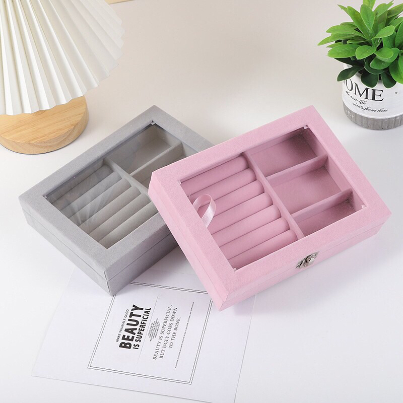 Hộp đựng trang sức 1 tầng bọc nhung có kính nhựa mika trong suốt nhỏ gọn tiện ích