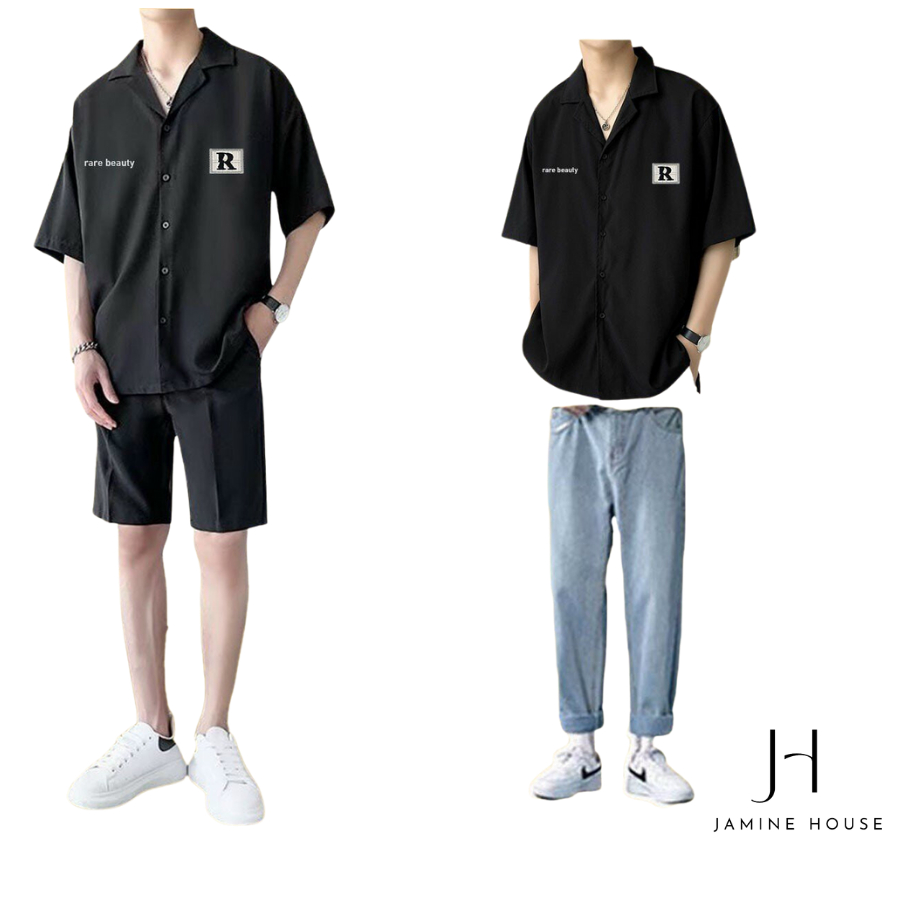 Áo Sơ Mi Tay Ngắn JAMINE HOUSE Unisex Lụa Mịn In Thêu Logo R Unisex Ulzzang
