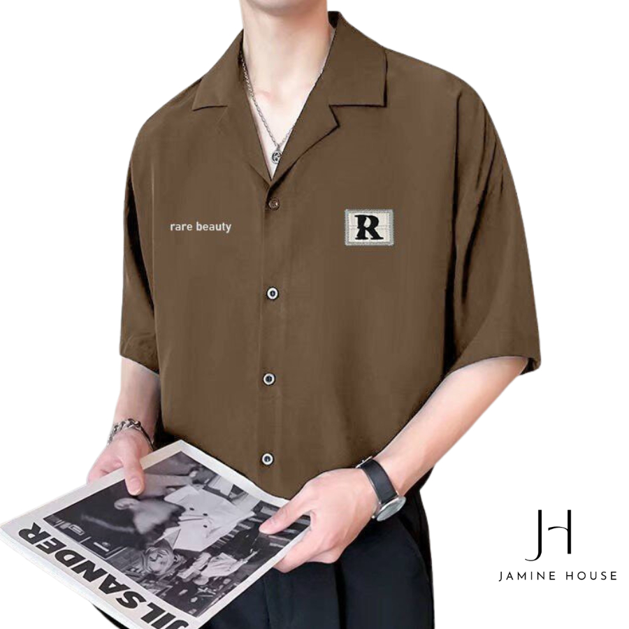 Áo Sơ Mi Tay Ngắn JAMINE HOUSE Unisex Lụa Mịn In Thêu Logo R Unisex Ulzzang