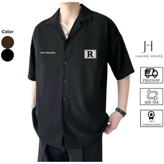 Áo Sơ Mi Tay Ngắn JAMINE HOUSE Unisex Lụa Mịn In Thêu Logo R Unisex Ulzzang