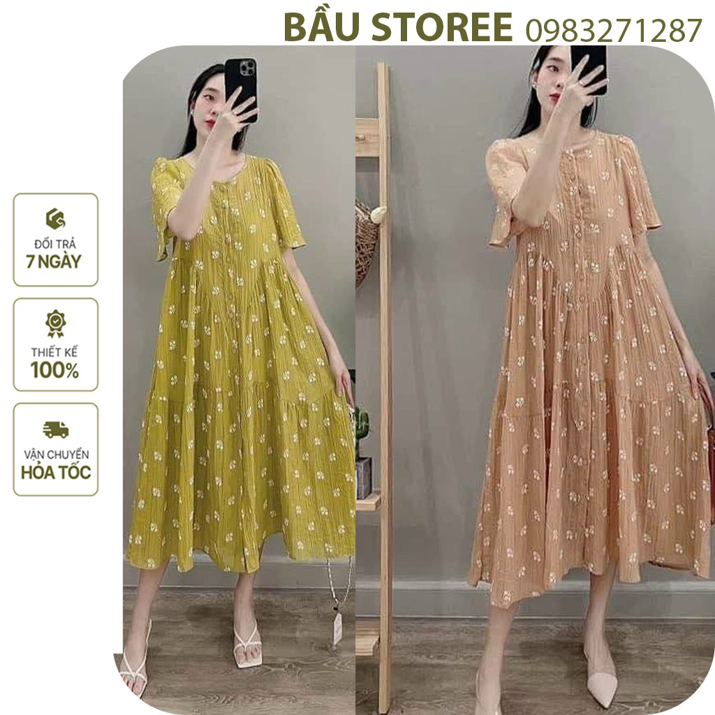 VÁY BẦU CÔNG SỞ, DỰ TIỆC ĐẸP-ĐẦM BẦU THỞI TRANG BABAYDOLL HOA 2 LỚP DÁNG DÀI XINH XẮN VẢI MỀM MÁT