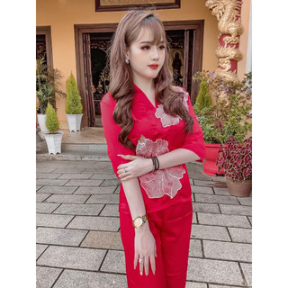 (SALE) Set đồ lam đính hoa ren vải lụa satin mềm mịn cổ V mã D01 (giá SALE)