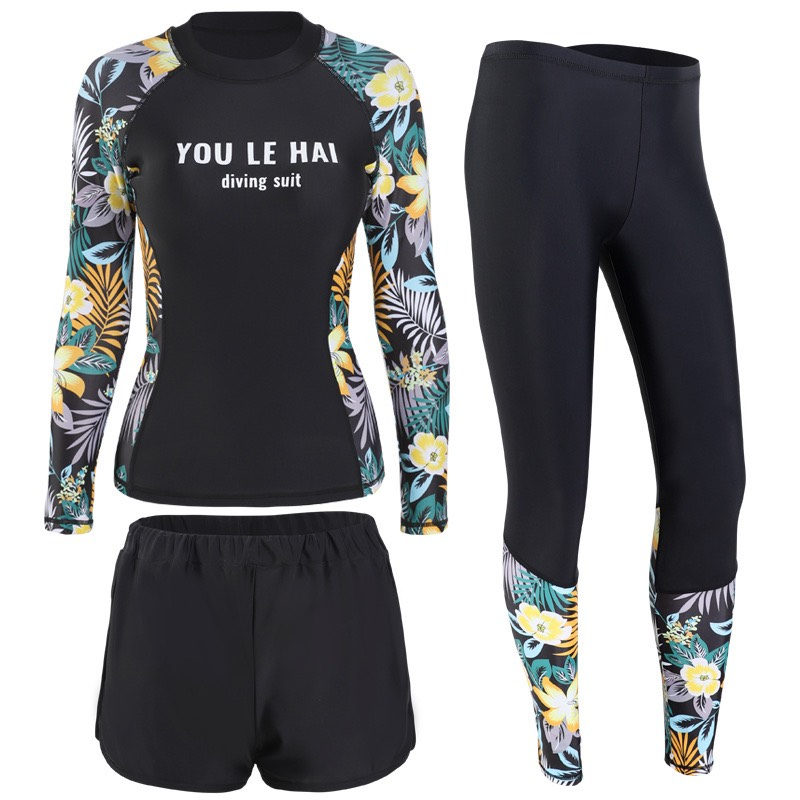 Đồ bơi tay dài quần dài đen phối hoa set 3 mảnh