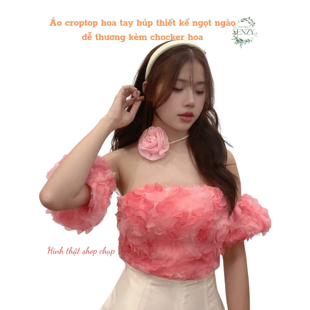 Áo croptop hoa tay búp thiết kế ngọt ngào dễ thương dày dặn kèm chocker hoa xinh xắn (có may mút ngực)